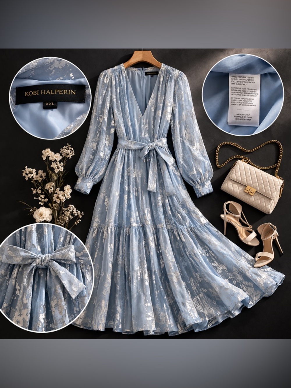 Kobi Halperin Kathryn Metallic Jacquard Midi Dress Blue XXL New - Picture 11 of 13